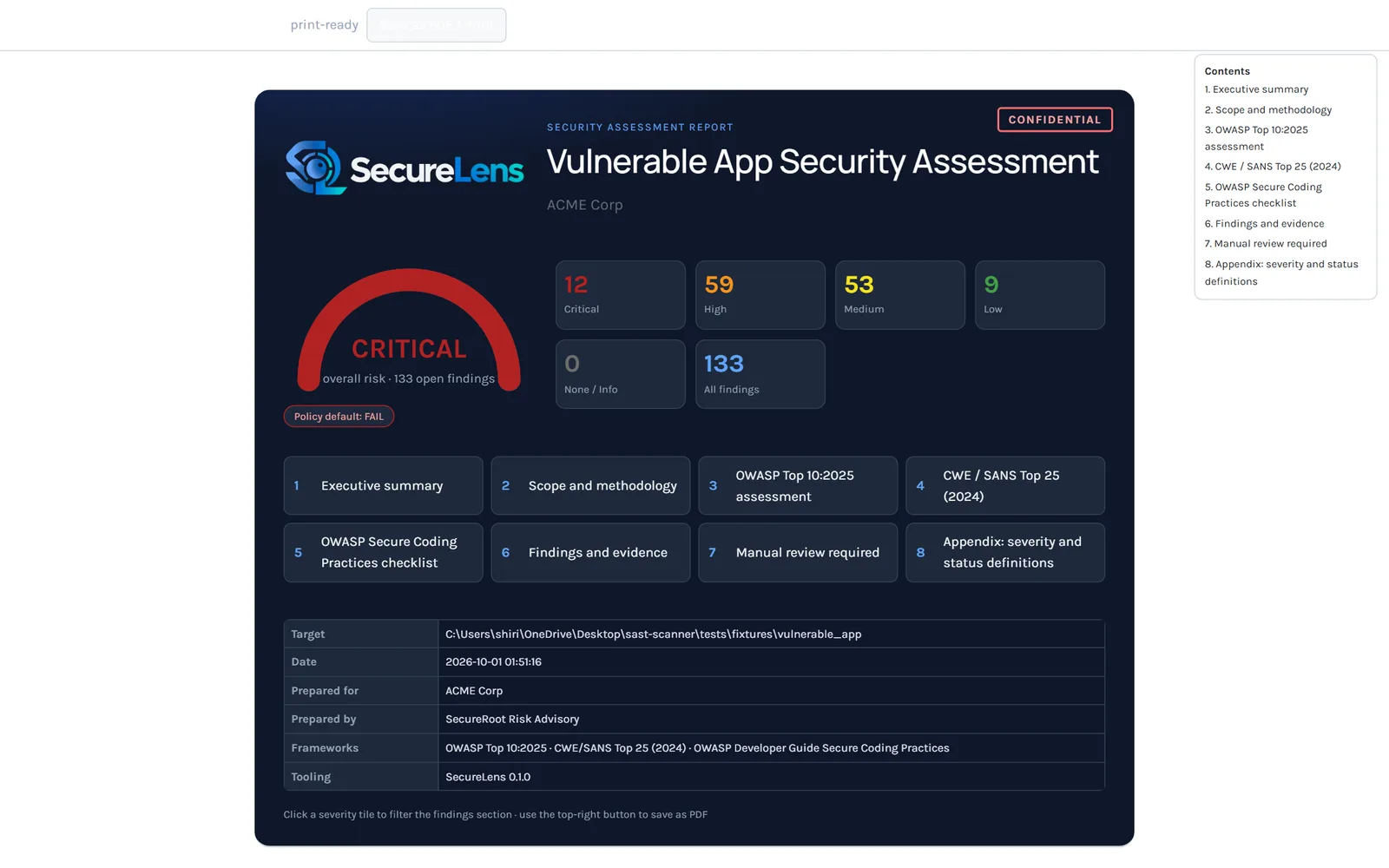 SecureLens assessment report cover with a risk gauge reading Critical, severity tiles for 12 critical, 59 high, 53 medium and 9 low findings, and section navigation cards
